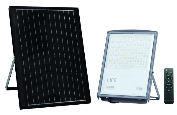 PROIETTORE LED FB4-200 CON SENSORE, IP66, 90°,3000K/4000K/6500K, LM2400, CRI80, Dimmerabile,P.Solare 20W, Batt.3,2V 18Ah